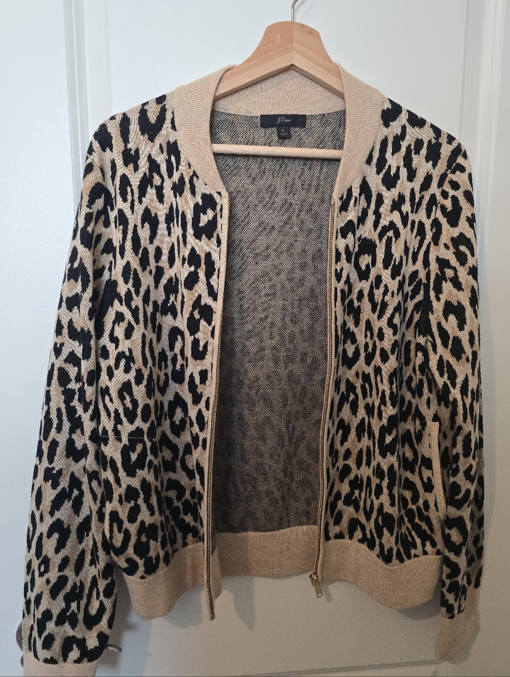 J. Crew Leopard Zip-Front Cardigan in Beige and Black